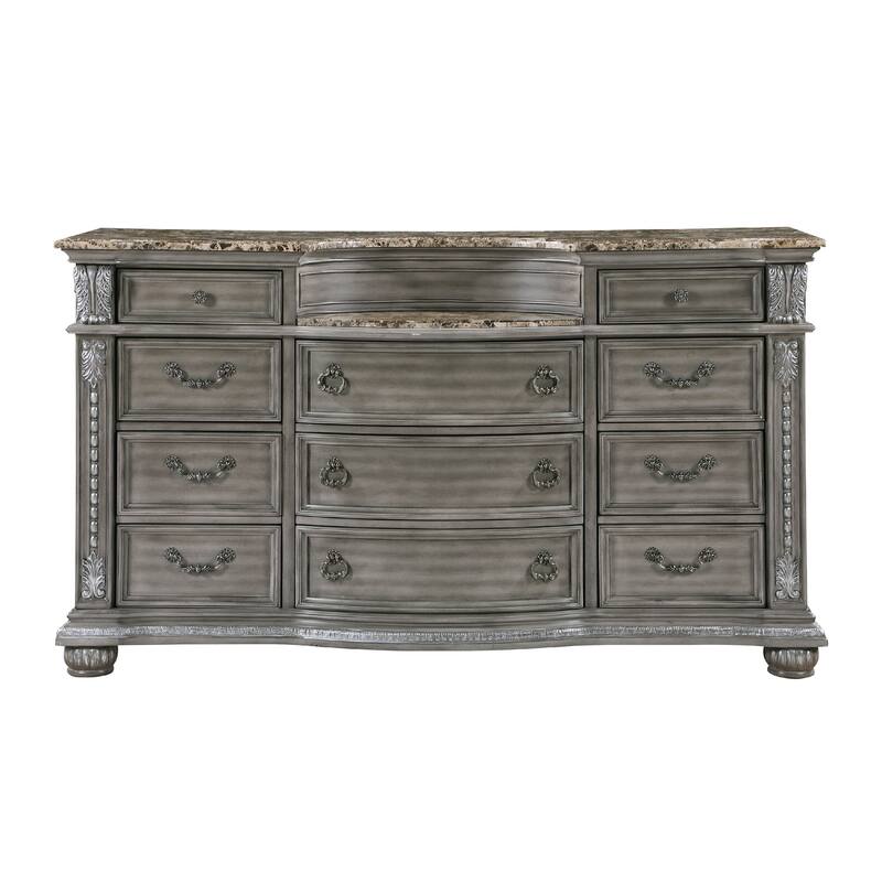 Toga 69 Inch Dresser with 11 Drawers, Gray Acacia Wood, Carved Details