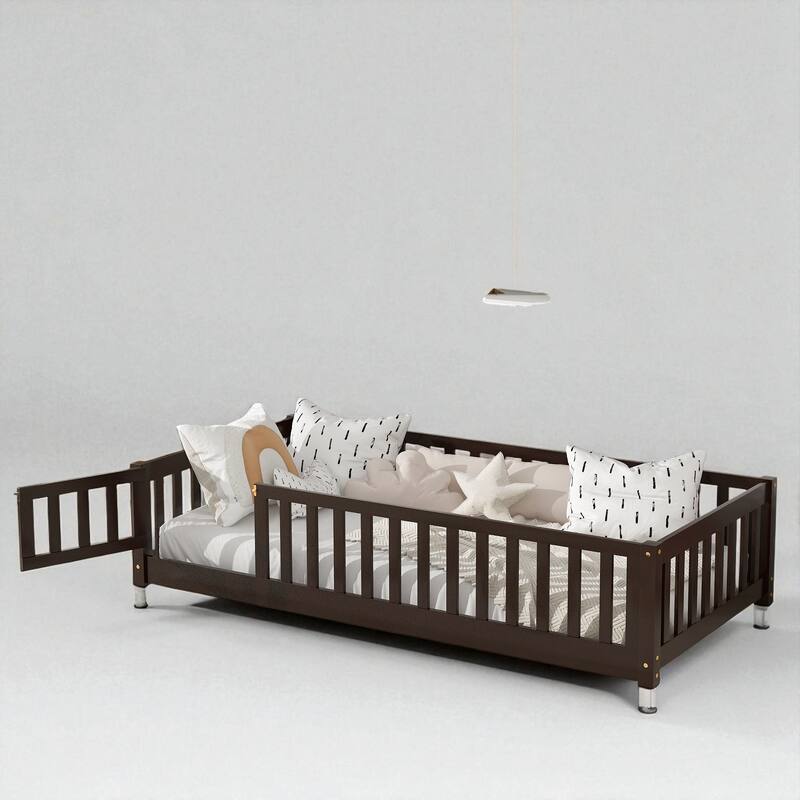 Twin Size Floor Bed with Fence and Door, Rubber Wood Frame with Safety Guardrails
