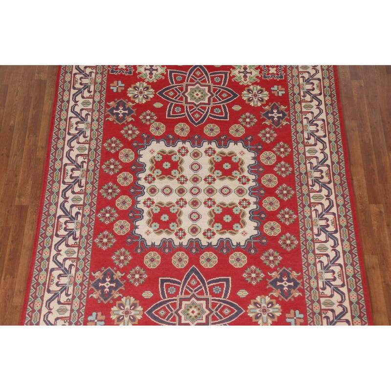 Hand Knotted Oriental 100% Wool Carpet Traditional Geometric Red Kazak Area Rug - 9' 8'' X 6' 6''