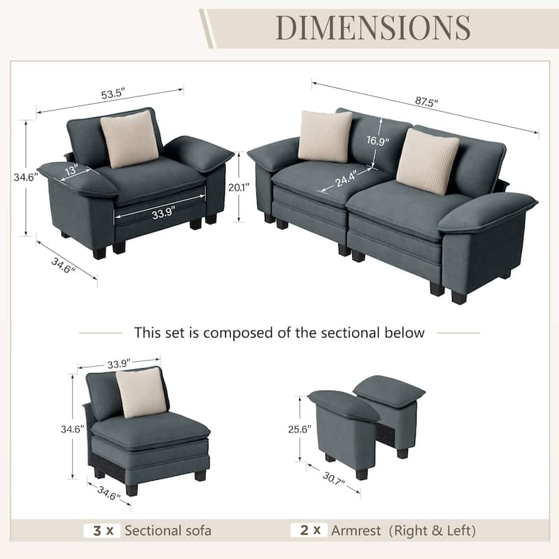 MAISON ARTS 2-Piece Chenille & Corduroy Sofa Set, Comfy 3/4/5-Seater Modular Loveseat & Armchair with Throw Pillows