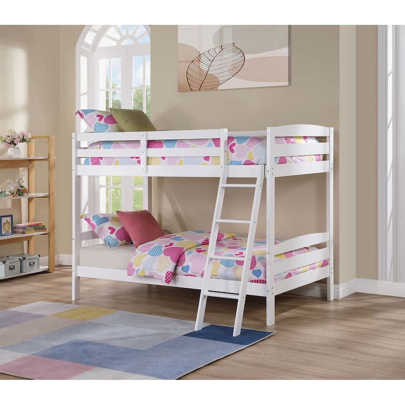 Twin-over-Twin Wood Bunk Bed with Slat Design and Angled Ladder - White