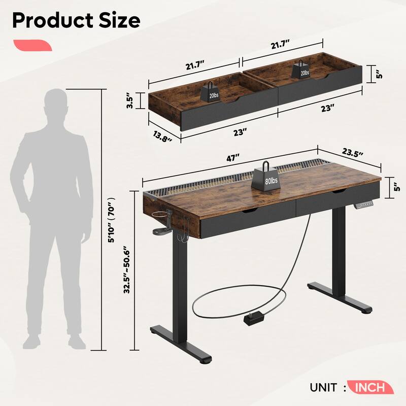 Standing Desk Electric Height Adjustable Gaming Desk with Drawer USB Port and LED Light Computer Desk