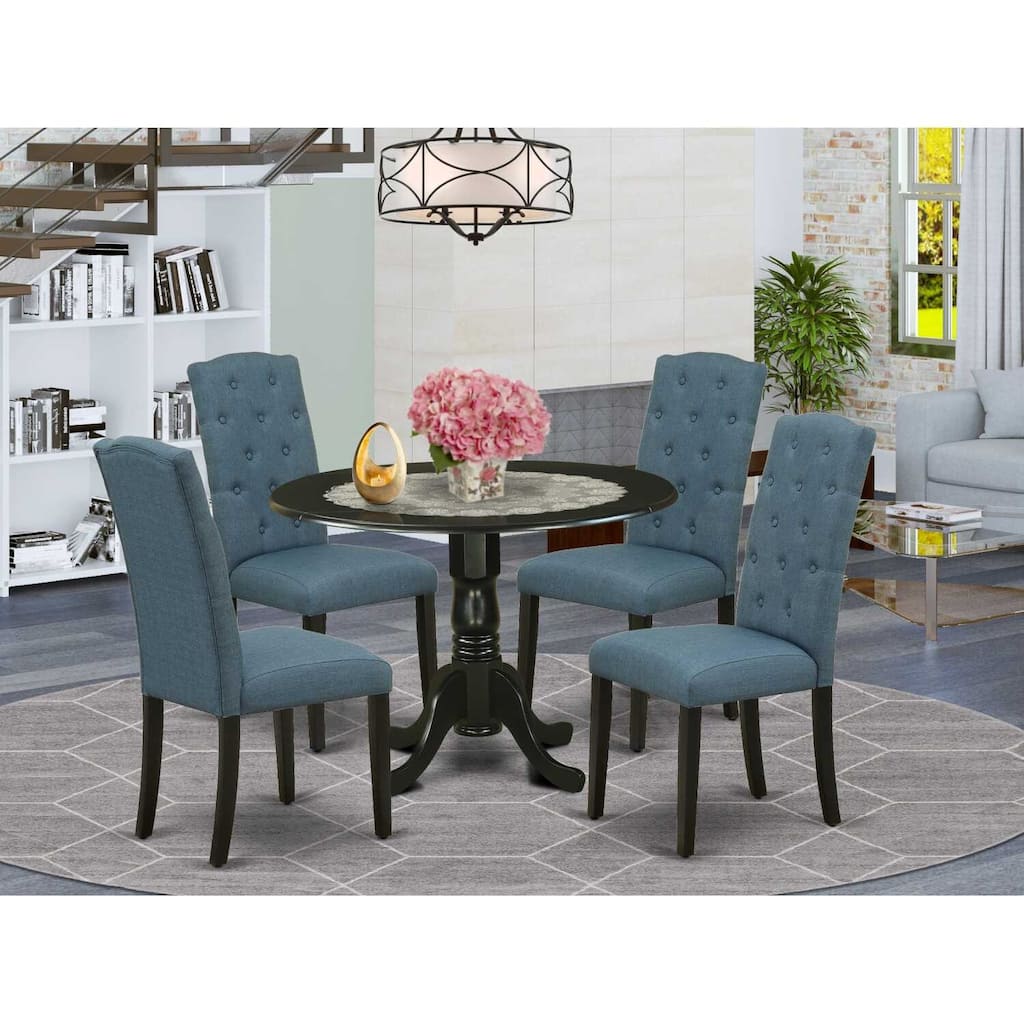HomeStock 5-Piece Round Black Finish Solid Wood Top Dining Table with 4-Parson Chair with Drop Leaf Lattice Back