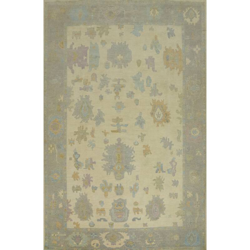 Vegetable Dye Wool Oushak Turkish Area Rug, Floral Geometric Carpet - 13' 4'' X 9' 8''