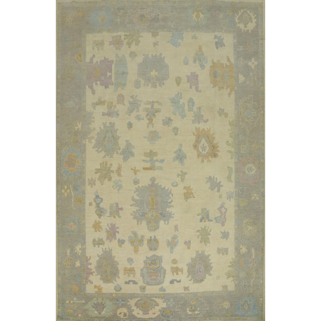 Vegetable Dye Wool Oushak Turkish Area Rug, Floral Geometric Carpet - 13' 4'' X 9' 8''