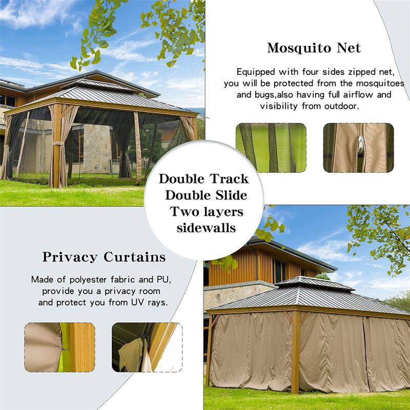 12'x14' Wood-Look Aluminum Hardtop Gazebo with Double Steel Roof, Bug Netting & Privacy Curtains for Outdoor Patio