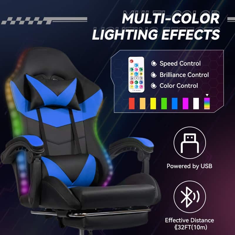 Gaming Chair Black-Blue - Ergonomic PU Seat w/Adjustable Armrests & Metal Legs​
