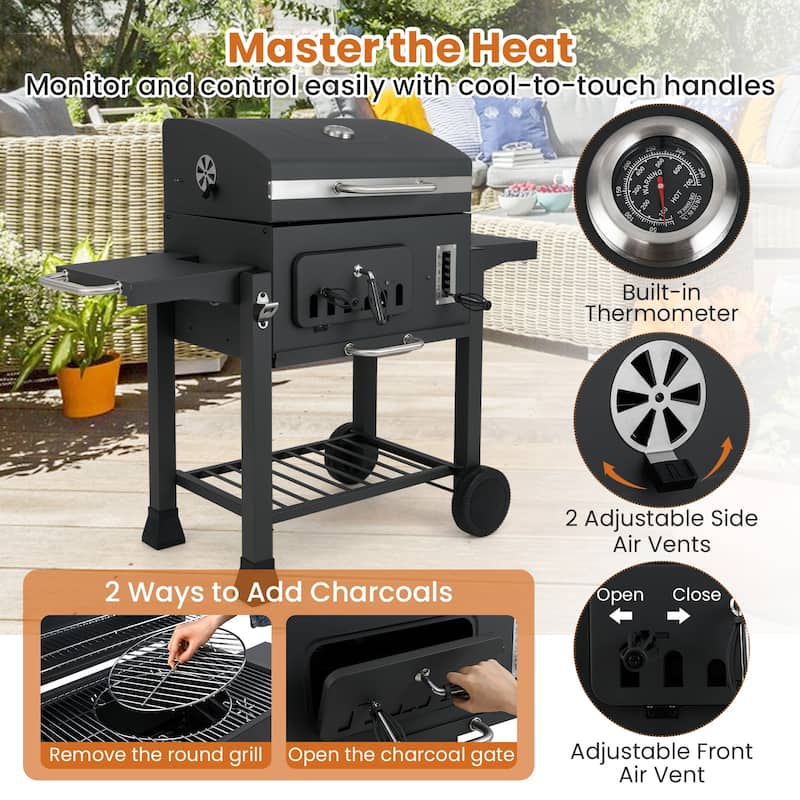 Large Backyard BBQ Grill with 6-Level Charcoal Tray and Thermometer Foldable Side Shelves - 52" x 22.5" x 42"