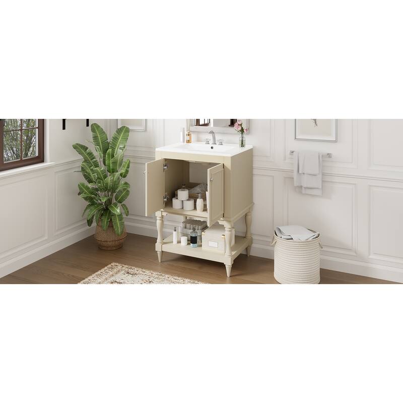 24 inch Modern Luxury Bathroom Vanity with Ceramic Sink, Bathroom Cabinet with Open Shelf and Closed Storage