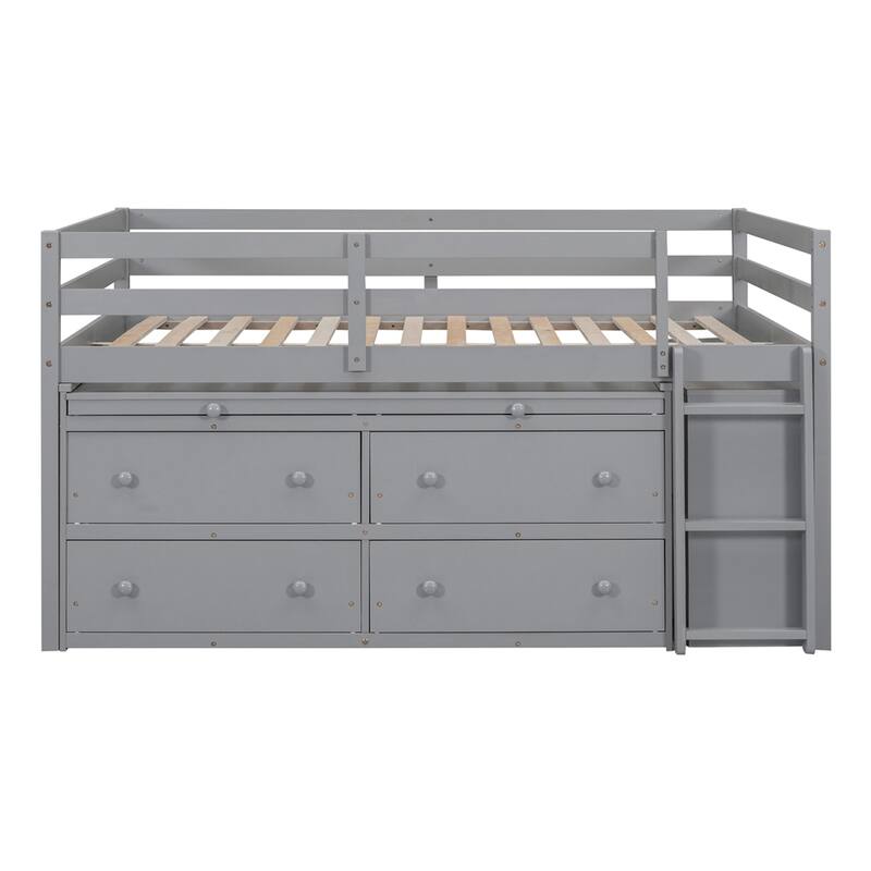 Full Size Loft Bed with Retractable Writing Desk and 4 Drawers