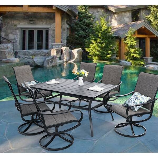 slide 3 of 11, Outdoor Dining Set, 6 Patio Swivel Chairs Padded Sling Fabric and 60"x 38" Rectangule Dining Table with Umbrella Hole Grey - 7-Piece Sets