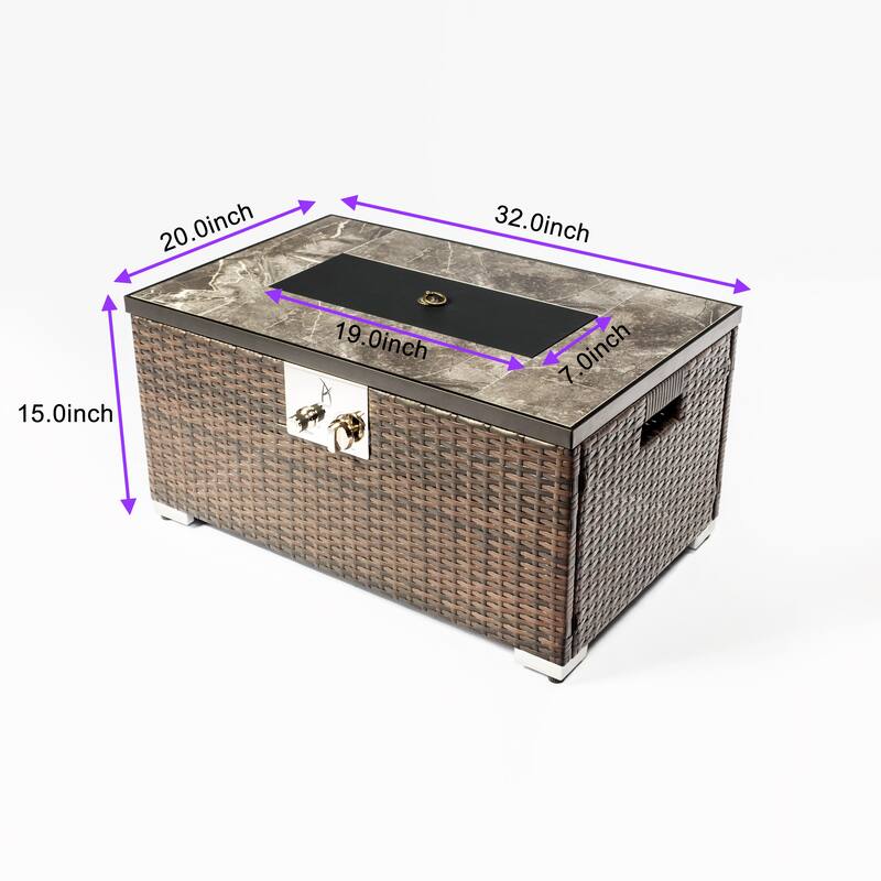 Rectangle Wicker Propane Fire Pit Table in Brown with Propane Tank Cover