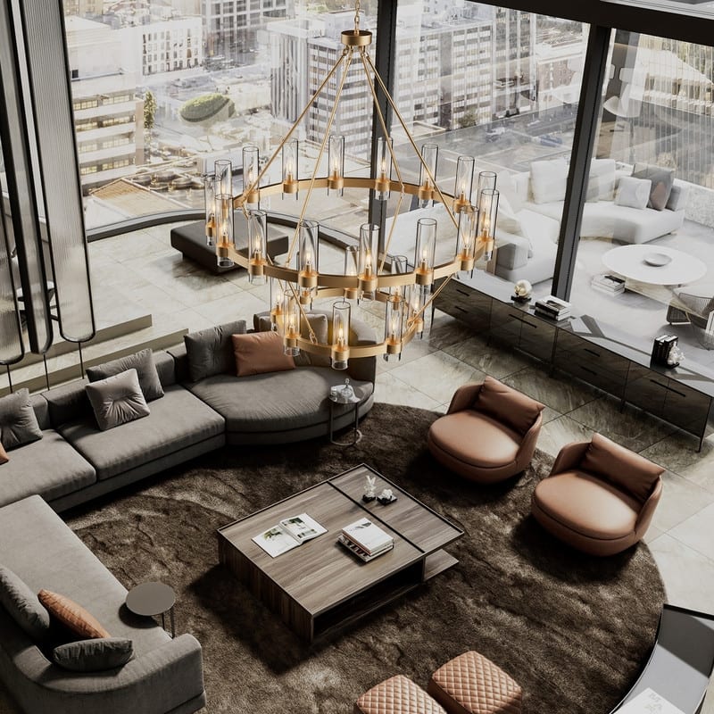 KAYLA 60in 30-Lights Gold Luxury Wagon Wheel Chandelier