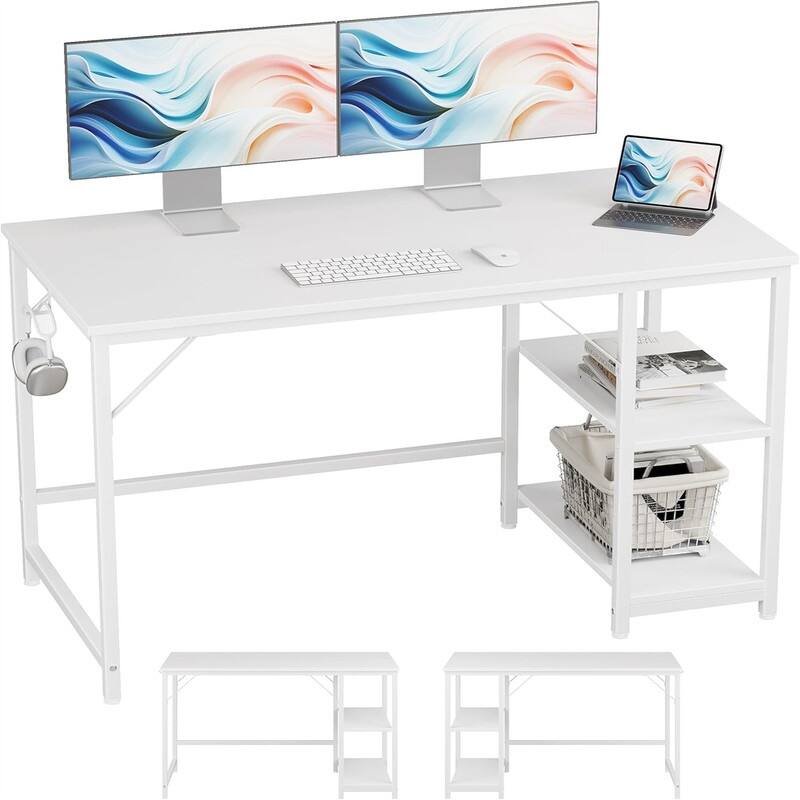 Computer Desk with Drawers and Storage Shelves - White + White Leg