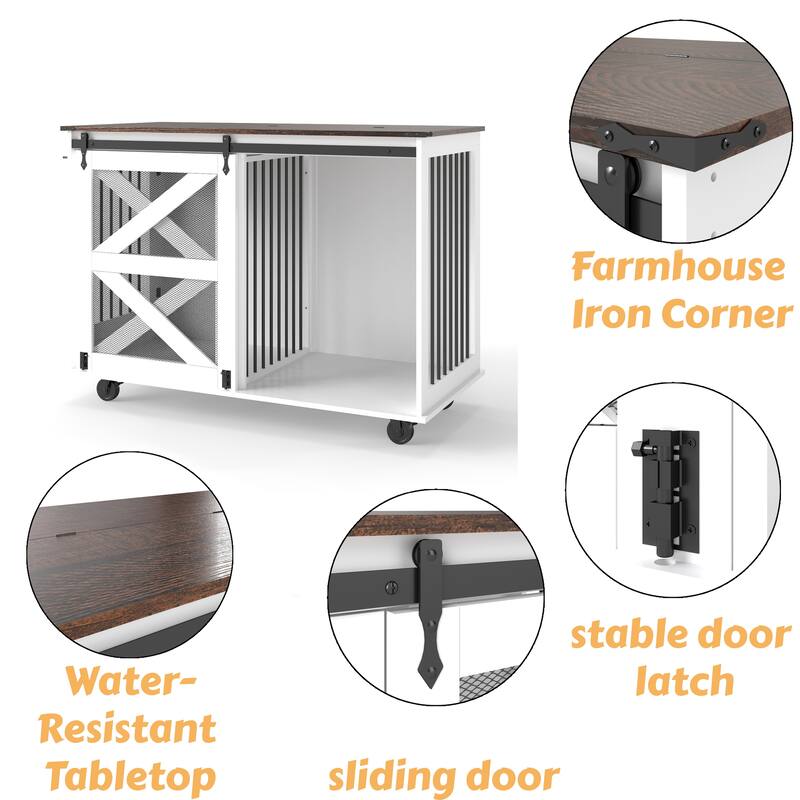 Mobile Dog Crate with Flip-Top Feeding Door, 2-in-1 Convertible Crate with 5 Casters & Side Hooks, Double Dog Crate Furniture