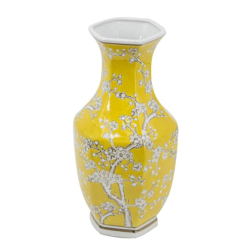 14" Yellow And White Chinoiserie Floral Porcelain Table Vase - 7.30