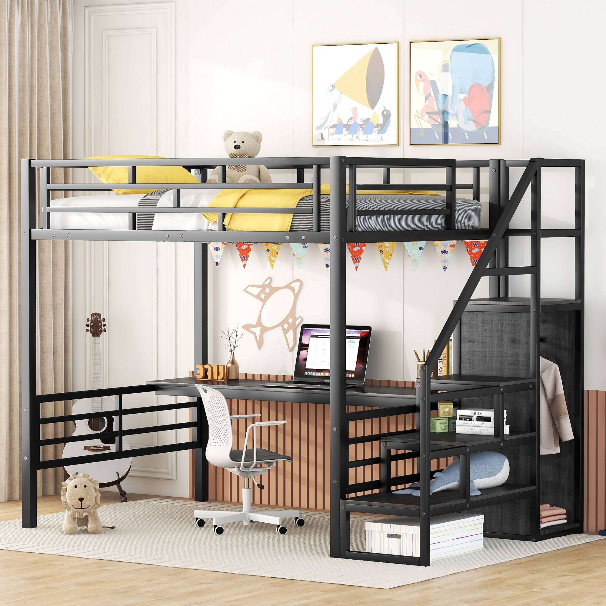 Full Size Metal Loft Bed with Desk Storage Staircase and Small Wardrobe Black