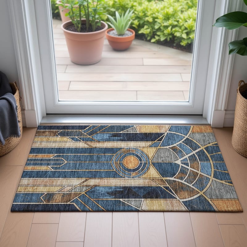 Machine Washable Indoor/Outdoor Modern Mosaic Chantille Rug