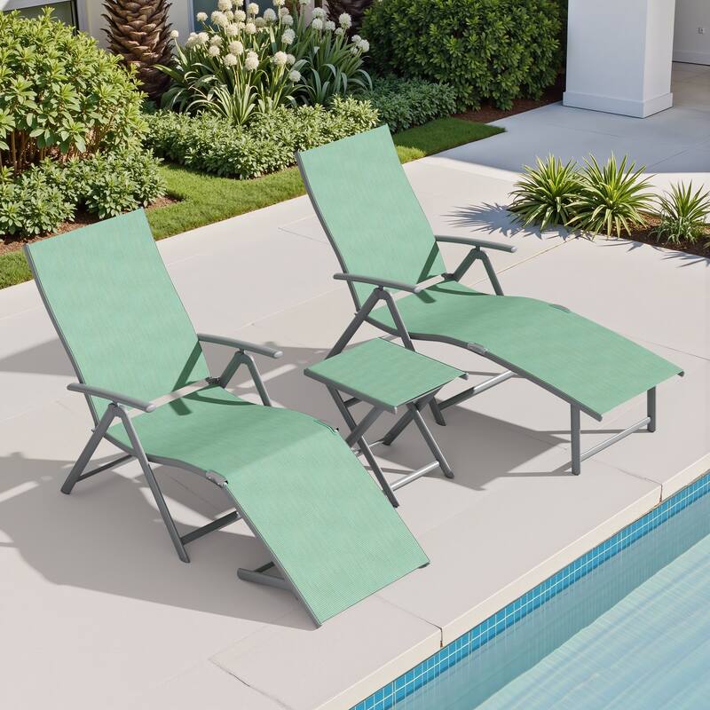 3-Pieces Outdoor Chaise Lounge Set Aluminum Adjustable Foldable Chaise Lounge Chairs and Side Table