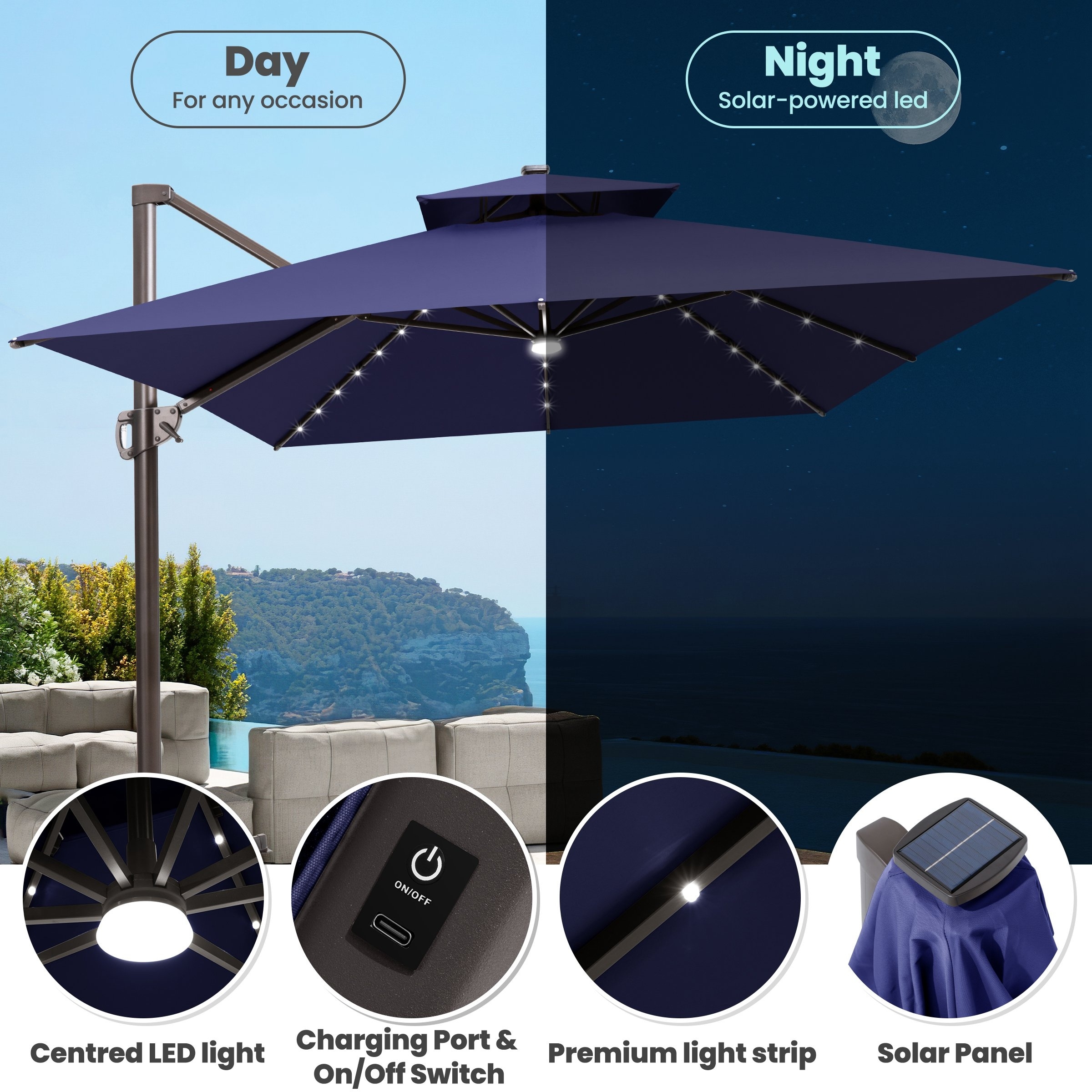 double vented patio umbrella solar lights PHI VILLA 15ft Large with Base & Lights,Rectangle,Navy Available in versions with or without lights The 36 LED lights ensure ample lighting at night 9/10/11/12ft Solar LED Square Cantilever