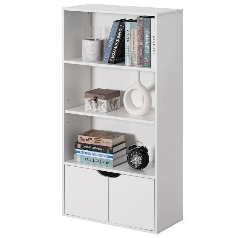 47" White 3 Tier Open Book Shelf with 2 Doors & 1 Adjustable Shelf - Ideal for Home Office, Living Room, Classroom, Study Room