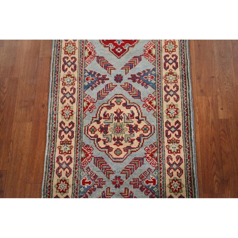 Light Blue Kazak Oriental Runner Rug Handmade Wool Carpet - 2'1" x 5'10"
