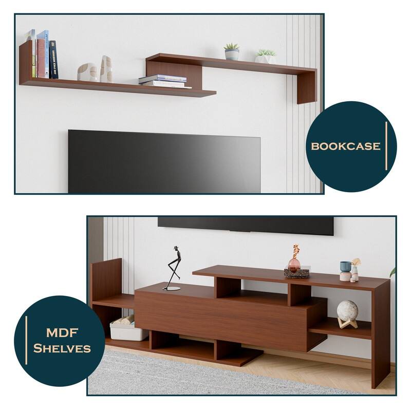 Surrey Multi-functional 60-Inch Modern Wood TV Console with Drawer, Book Case and Open Shelves in Stained Wood Finish
