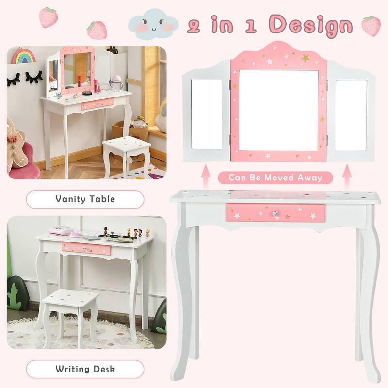 Gymax Kids Vanity Princess Makeup Dressing Table Chair Set W/ - See Details