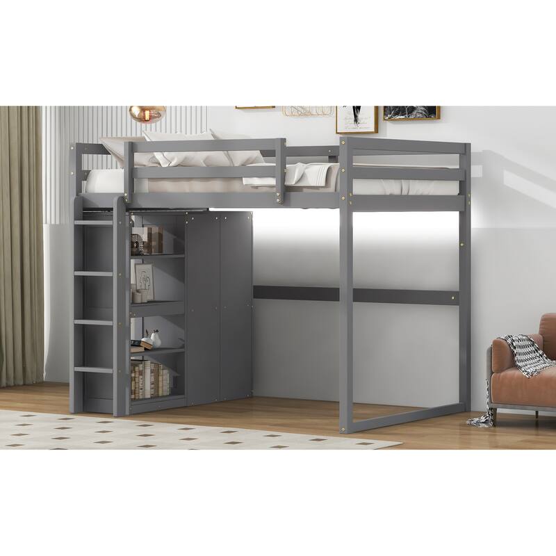 Full Size Loft Bed with Built-in Wardrobe, Storage Shelves & LED Lighting, Space-Saving Gray Wood Design