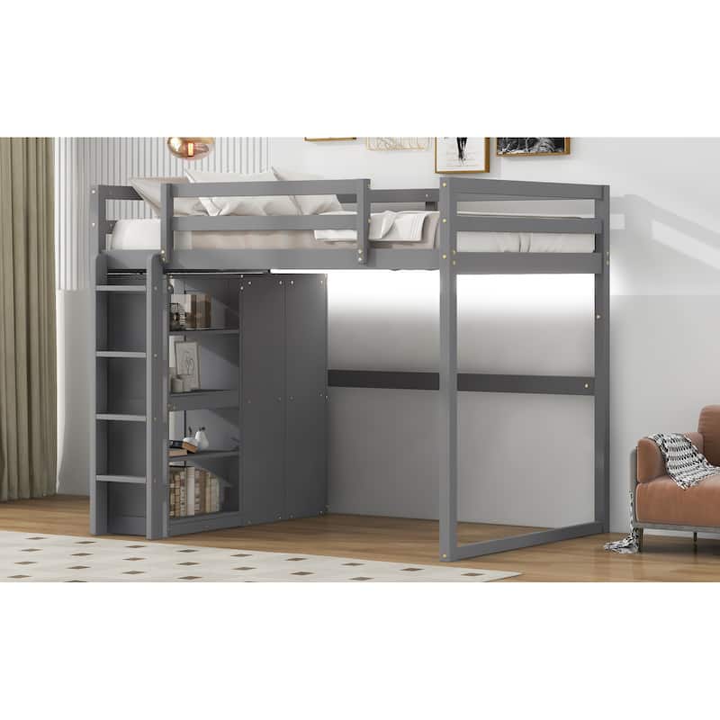 Wood Full Size Loft Bed with Built-in Wardrobe and Storage Shelves, Led light, Gray
