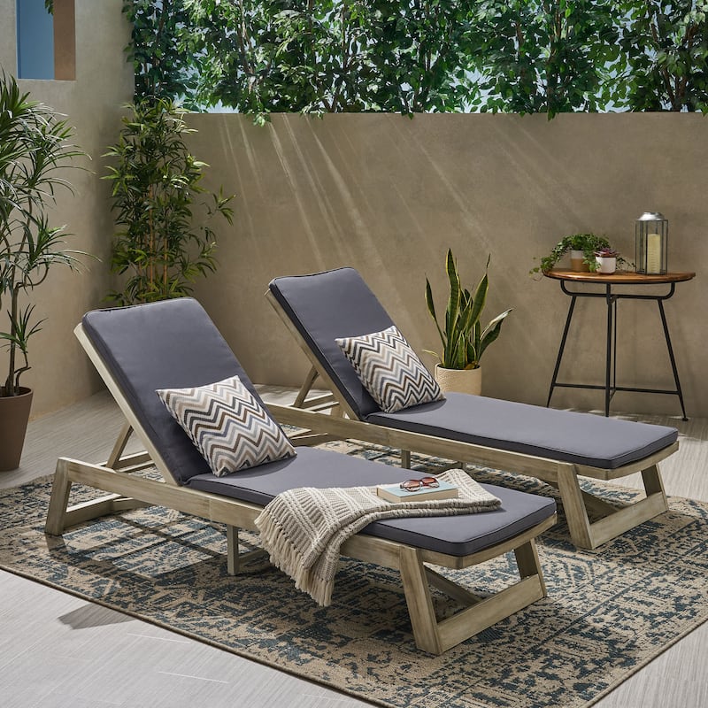 Maki Outdoor Acacia Wood Chaise Lounge and Cushion Set (Set of 2) by Christopher Knight Home - Light Grey Wash with Dark Grey