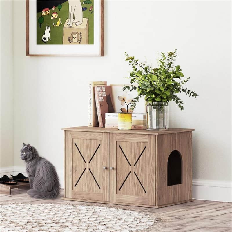 Walnut Cat Litter Box Enclosure with Side Access Door and Ventilated Front for Privacy