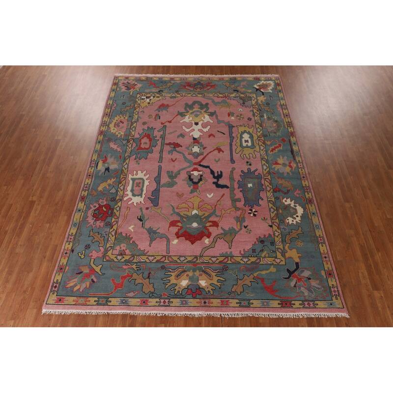 Pink Oushak Oriental Area Rug Hand-Knotted Wool Carpet - 8'10" x 12'0"