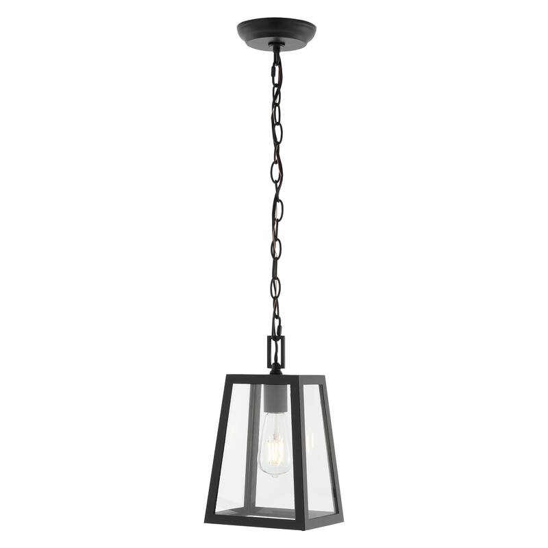 Boston 6.75" 1-Light Farmhouse Industrial Iron/Glass Outdoor LED Pendant, Black/Clear by JONATHAN Y - Black/Clear