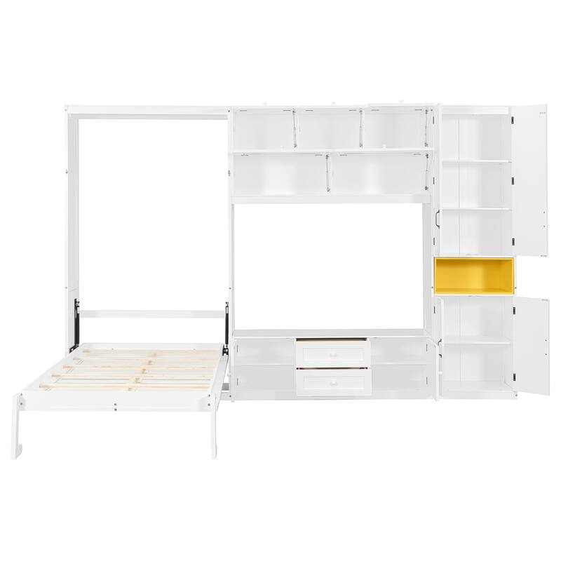 Twin Size Space-Saving Murphy Bed with TV Stand, Drawers, Shelves, and Cabinets, White