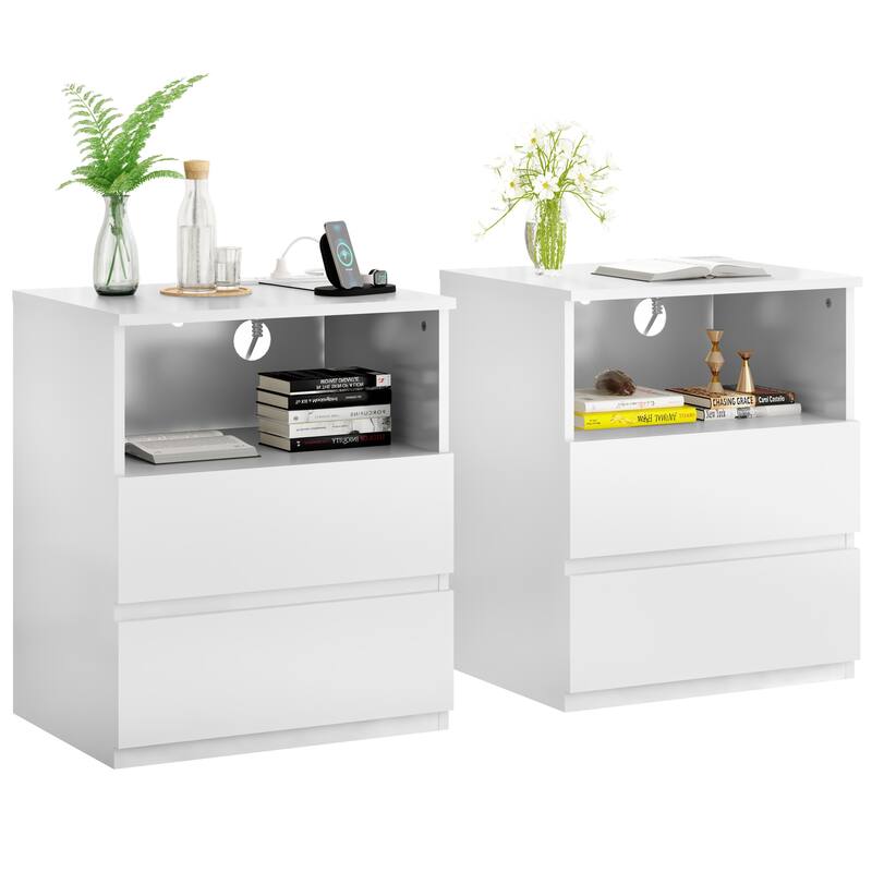 Anmytek Set of 2 White End Table USB C Charging Station 2 Drawers Wood Side Table for Living Room Bedroom