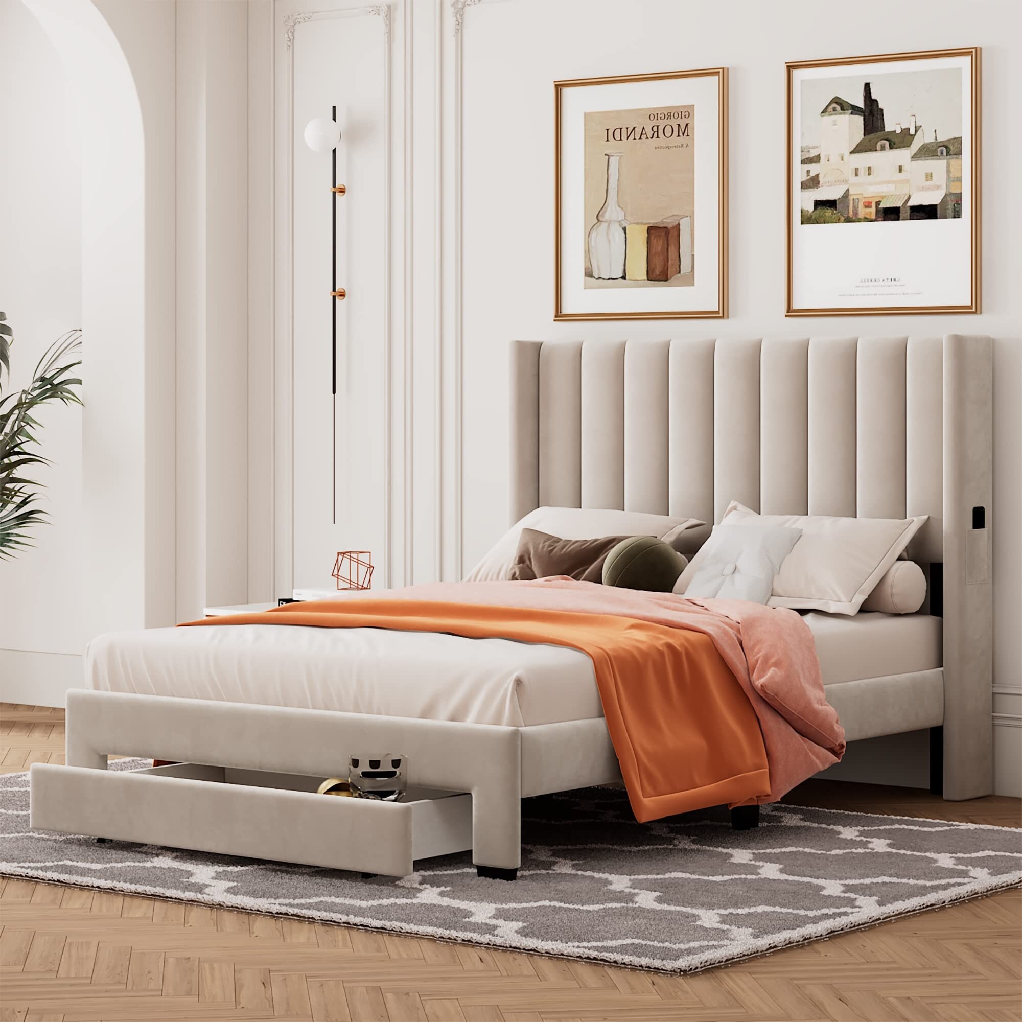 Velvet upholstered bed with storage discount