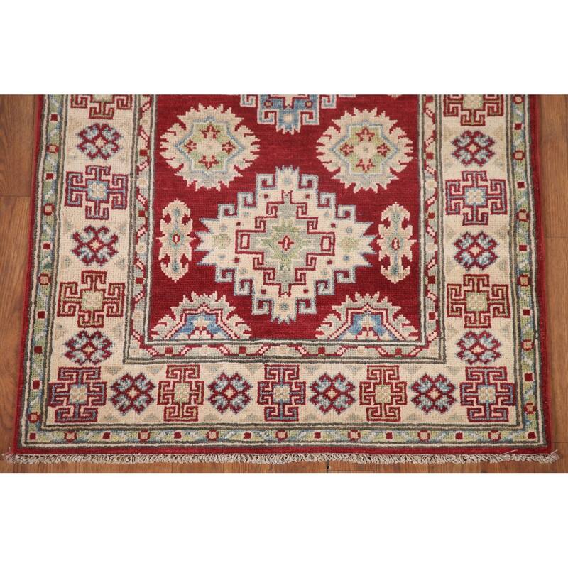 Hand Knotted Oriental 100% Wool Carpet Traditional Geometric Red Kazak Runner Rug - 6' 8'' X 2' 10''