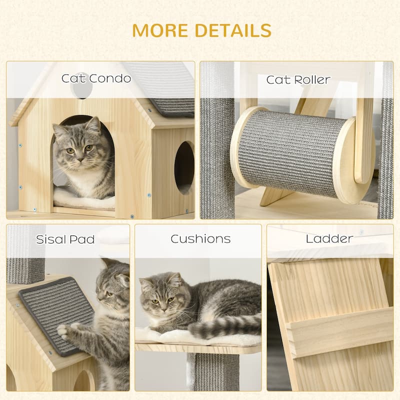 PawHut Cozy-House Cat Tree for Indoor Cats with Pillow-Covered Perches, Spinning Toy