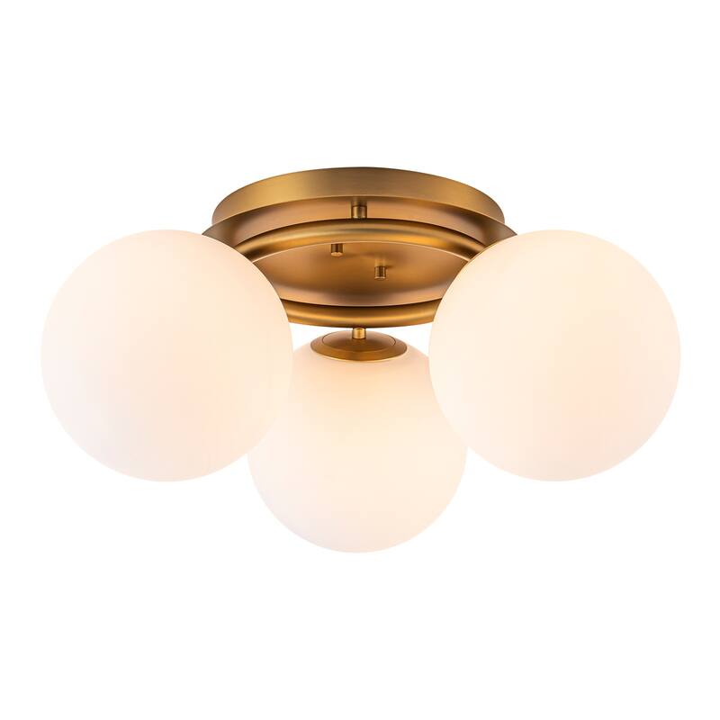 Modern 3-Light Flush Mount Ceiling Light with Opal Glass Globe Shades - Brass