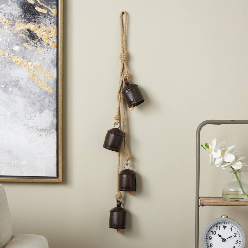 Black or White Metal Cluster Indoor Outdoor Decorative Bells with Jute Hanging Rope - Black