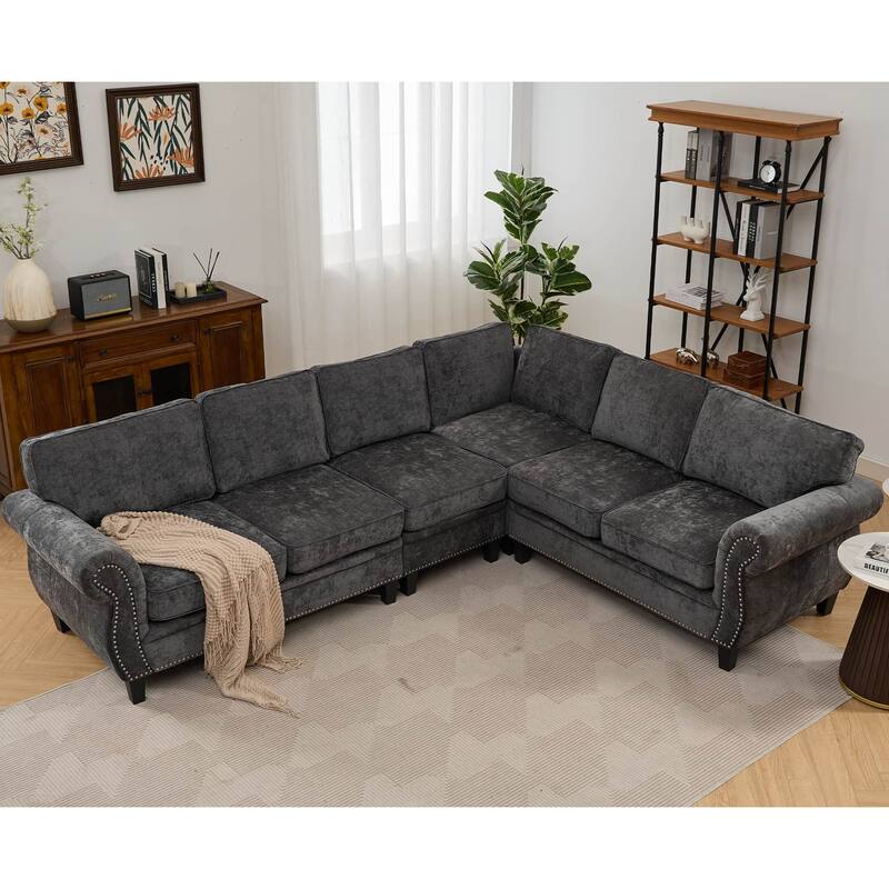 109.5" Chenille L-Shaped Corner Sectional Sofa with Rolled Armrest - Dark Grey