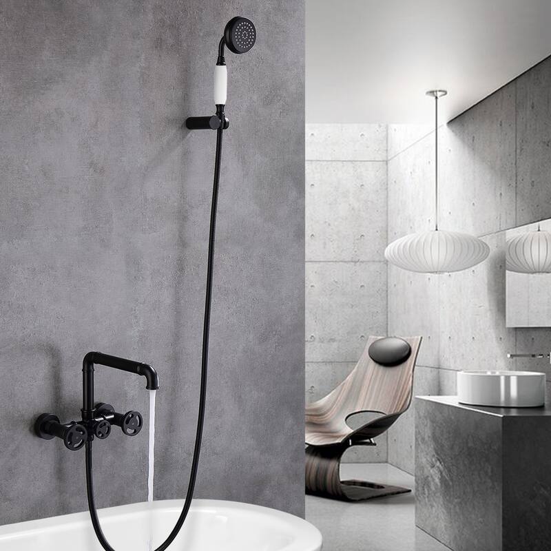 Modland Double Handle Wall-Mounted Bathtub Faucet with Handheld Shower in Black/Gold