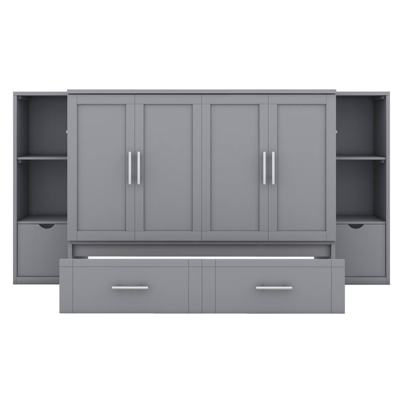Space-Saving Full Size Murphy Bed with Shelves, Drawers, and USB Ports in Gray