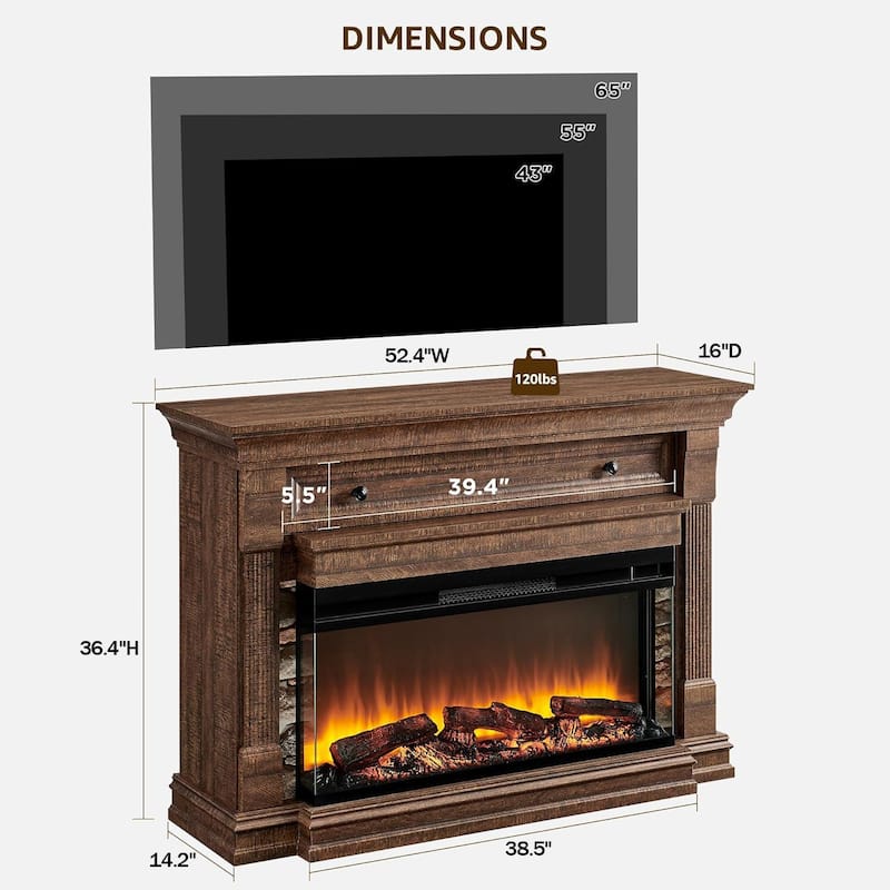 52" Farmhouse 3-Sided Fireplace TV Stand, Wood Entertainment Center