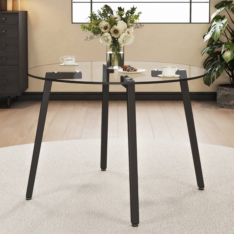 Modern Coffee Table, Round Clear Tempered Glass Table with Black Metal Legs Small Center Table End Table for Living Room