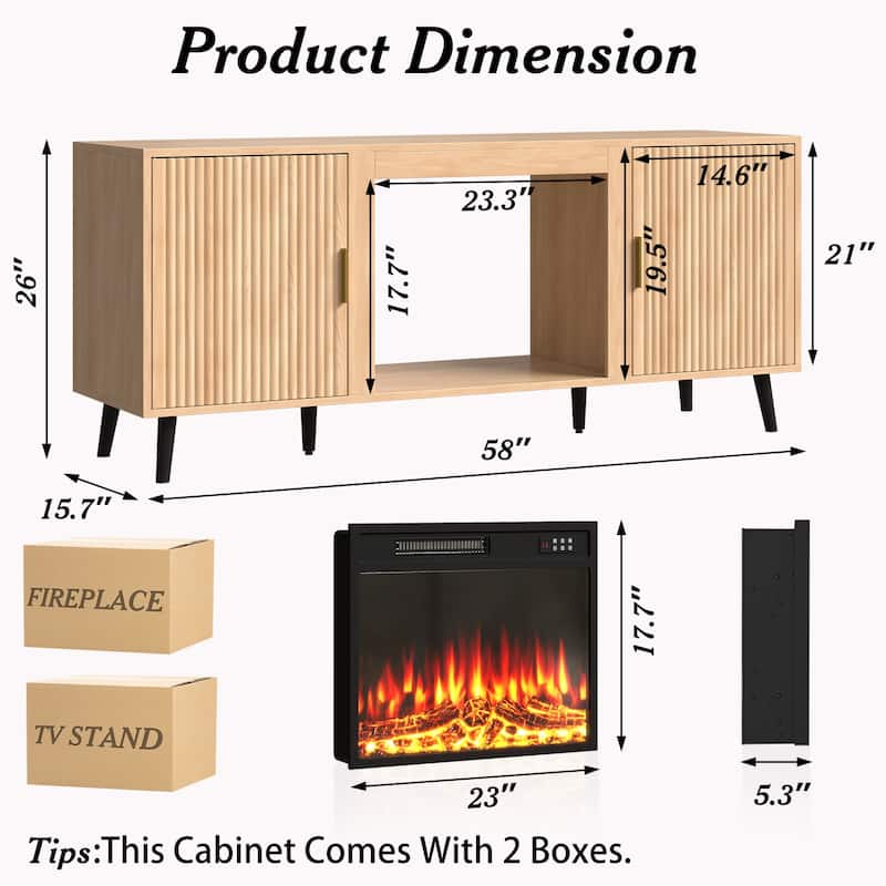 BOSSIN 58"Mid-Century Electric Fireplace TV Stand with Fluted Panels, Remote Control, and Adjustable Shelves for TVs up to 65"