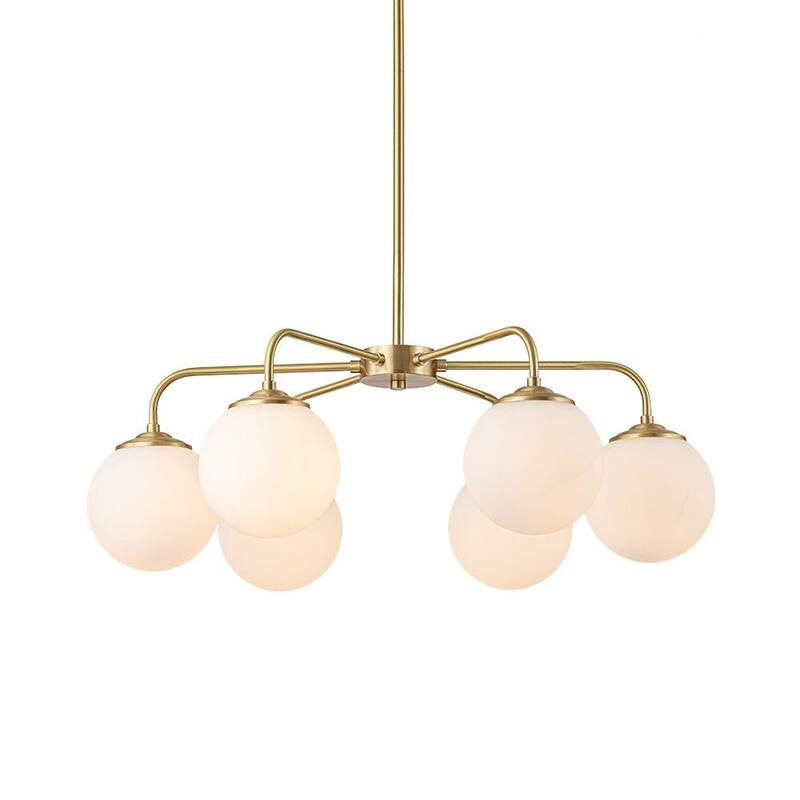 Modern 6-Light Brass Sputnik Chandelier with Frosted Glass Globes