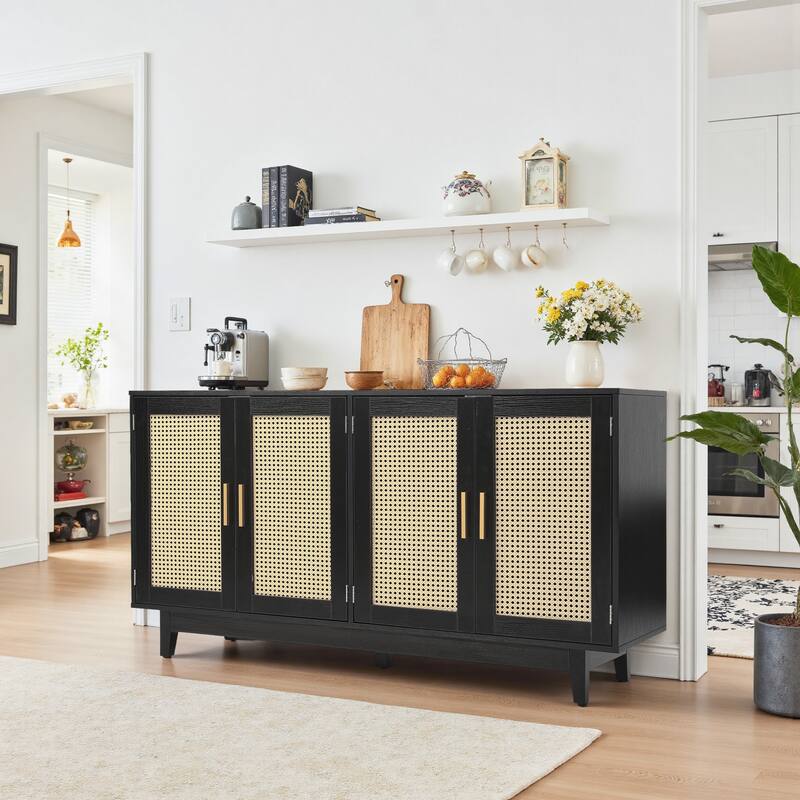 Modern 4 Door Wood Rattan Buffet Sideboard Storage Cabinet