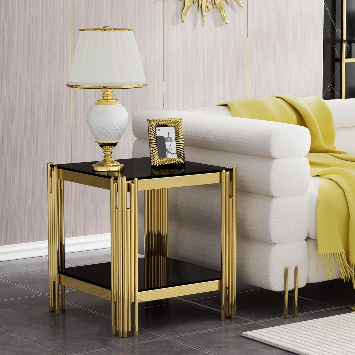 Modern Black Square End Table with Golden Stainless Steel Frame, 2-Tier Glass Shelf for Living Room or Bedroom